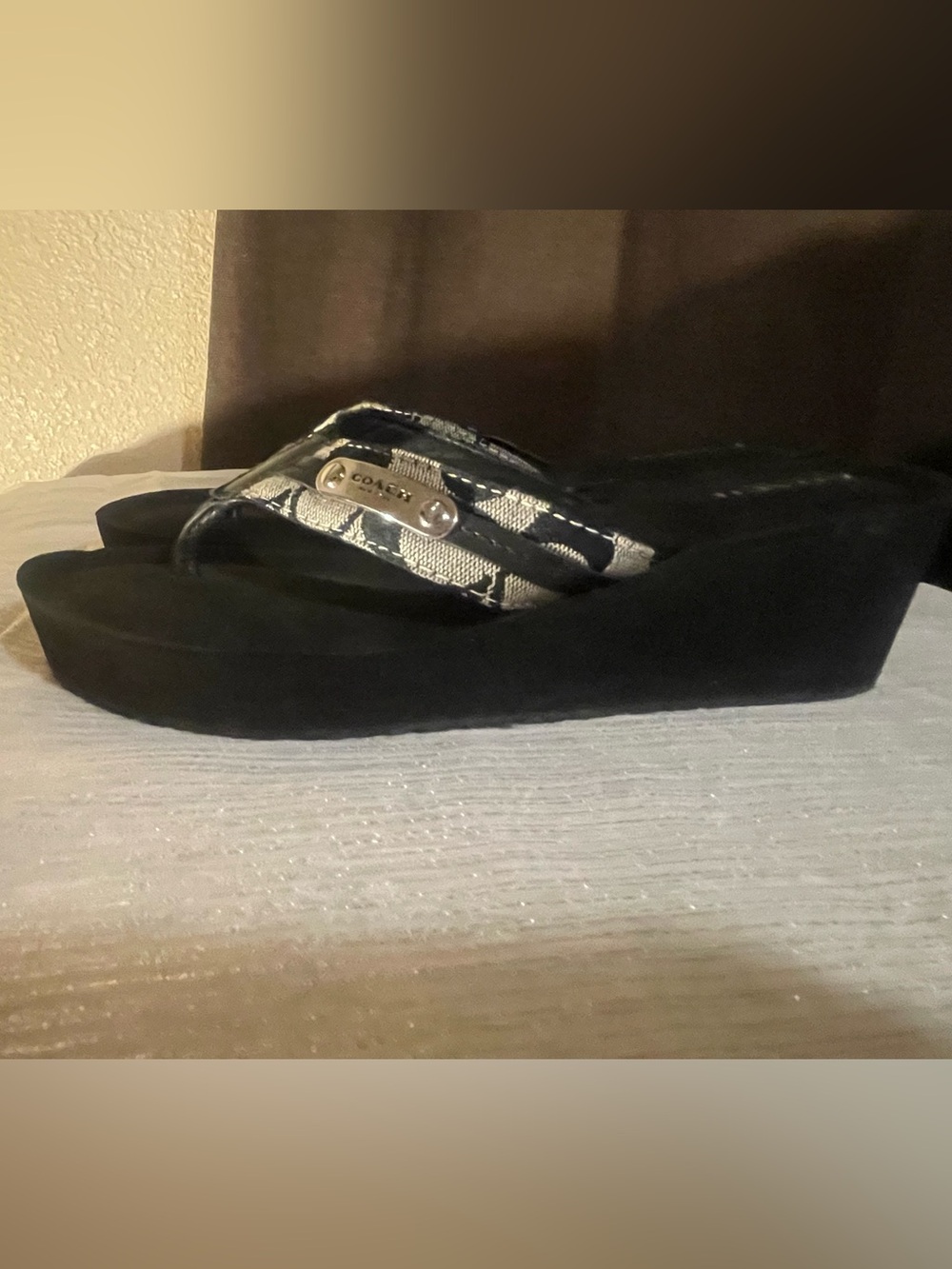 Coach Black Platform Wedge Flip Flop Sandals with Beige Signature Straps